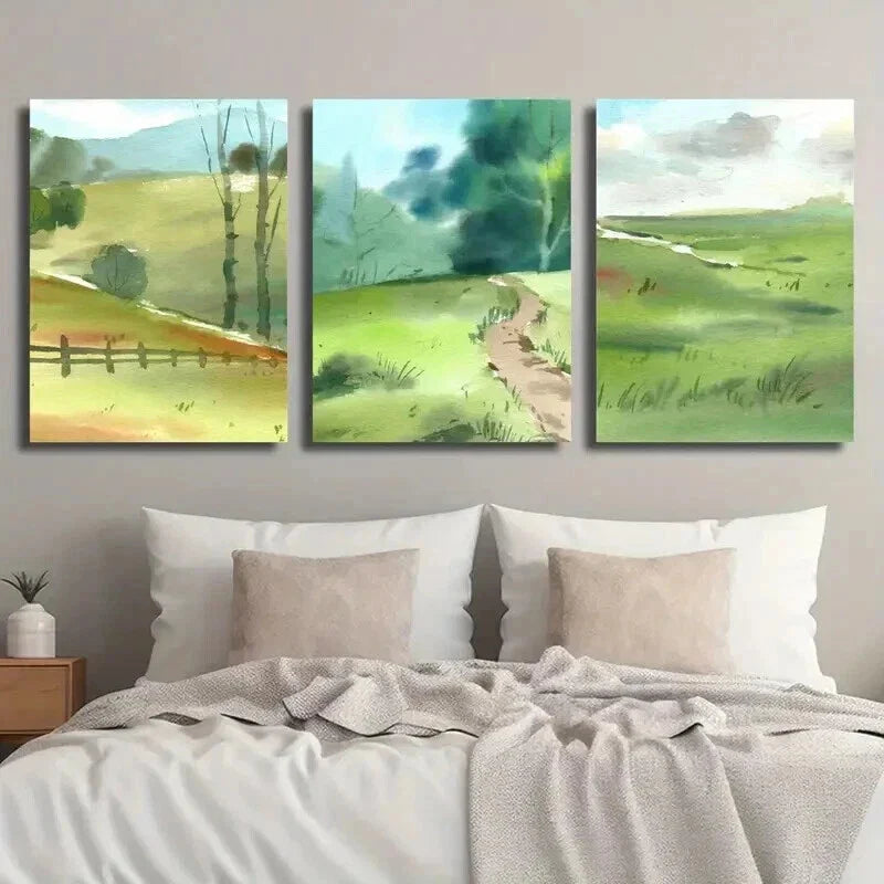 3pcs Meadow with Lush Green Grass & Wildflowers Wall Art Set Canvas Framed 40x60cm - High Quality Print 100% Australian Made Wall Canvas Ready to Hang