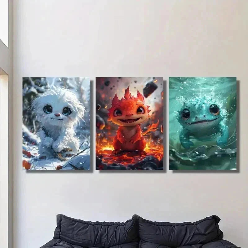 3pcs Cute Little Fantasy Cartoon Monsters Wall Art Set Canvas Framed 40x60cm - High Quality Print 100% Australian Made Wall Canvas Ready to Hang