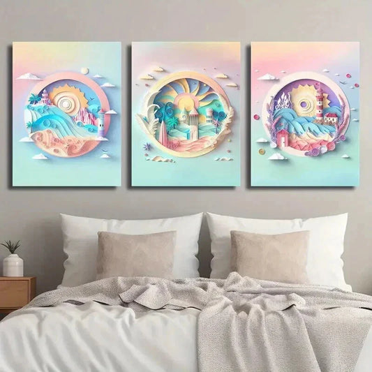 3pcs Colorful Beach Landscape Decor Wall Art Set Canvas Framed 40x60cm - High Quality Print 100% Australian Made Wall Canvas Ready to Hang