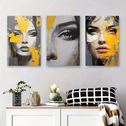 3pcs Geometric Female Portraits with Yellow Metal Print Ready to Hang Art