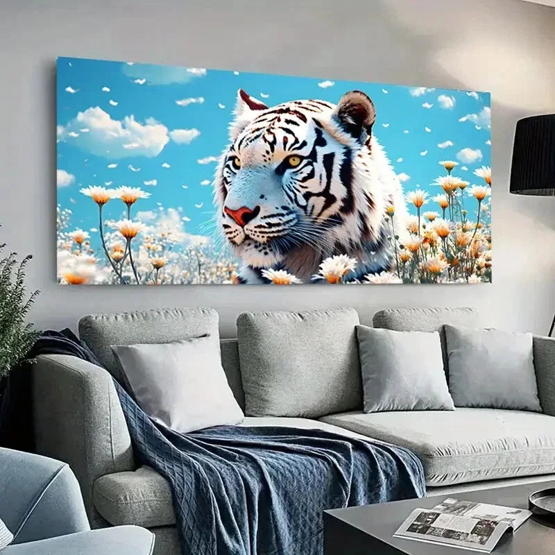White Tiger Flowers Beautiful Wall Art Canvas Office Home Room Framed 80x45cm