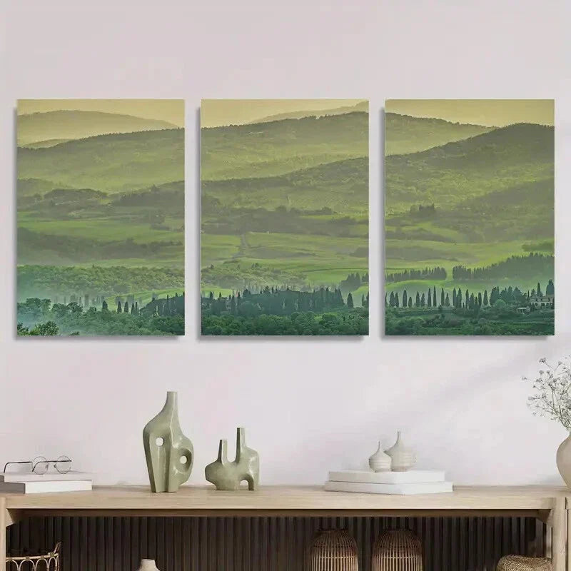 3pcs Rolling Green Hills, Cypress Trees Metal Print Ready to Hang Art