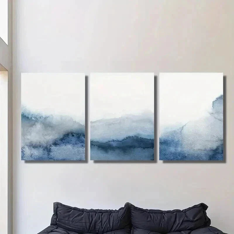 3pcs Modern Blue and Gray Neutral Earth Tone Wall Art Set Canvas Framed 40x60cm - High Quality Print 100% Australian Made Wall Canvas Ready to Hang