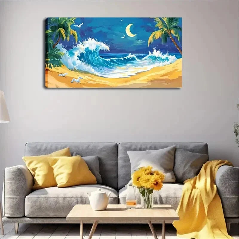 Tall Coconut Trees And Crescent Wall Art Canvas Office Home Room Framed 120x60cm