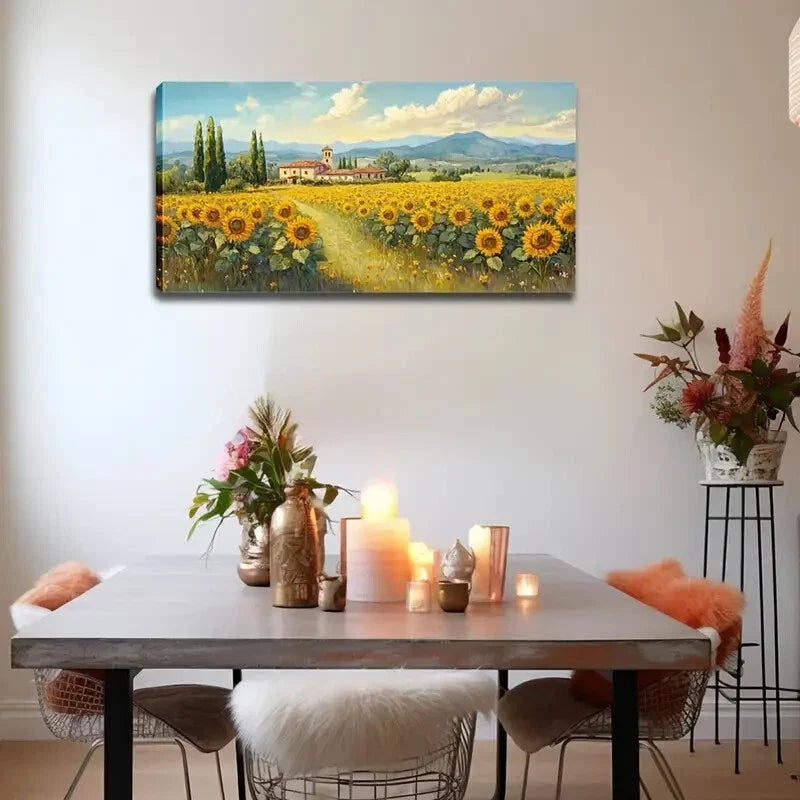 Rustic Sunflower Field Houses Wall Art Canvas Office Home Room Framed 120x60cm