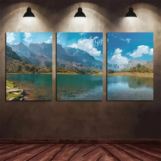 3pcs Mountain Lake Blue Sky, and Lush Greenery Metal Print Ready to Hang Art