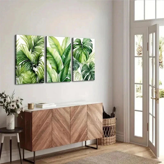 3pcs Vibrant Tropical Green Leaf Deco Wall Art Set Canvas Framed 40x60cm - High Quality Print 100% Australian Made Wall Canvas Ready to Hang