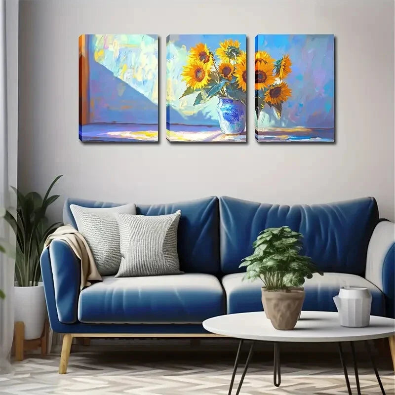 3pcs Yellow Sunflowers Placed in a Vase Perfect Wall Art Set Canvas Framed 40x60cm - High Quality Print 100% Australian Made Wall Canvas Ready to Hang