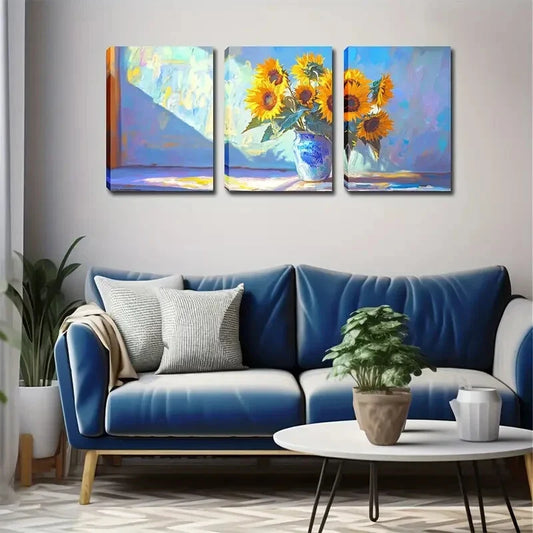 3pcs Yellow Sunflowers Placed in a Vase Perfect Wall Art Set Canvas Framed 40x60cm - High Quality Print 100% Australian Made Wall Canvas Ready to Hang