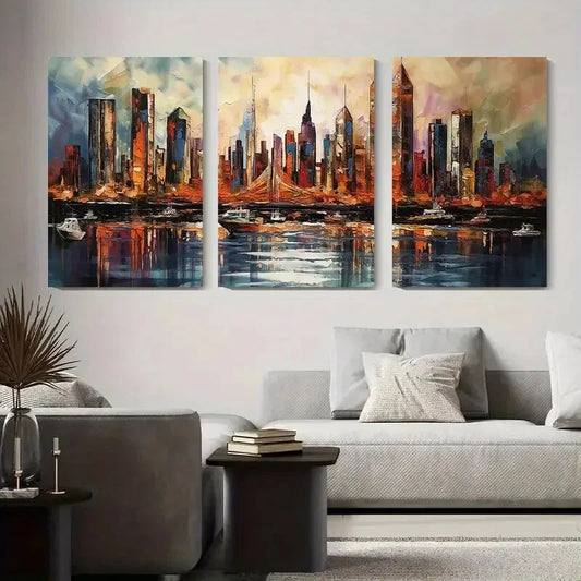 3pcs Vibrant New York Skyline with Bridge Metal Print Ready to Hang Art