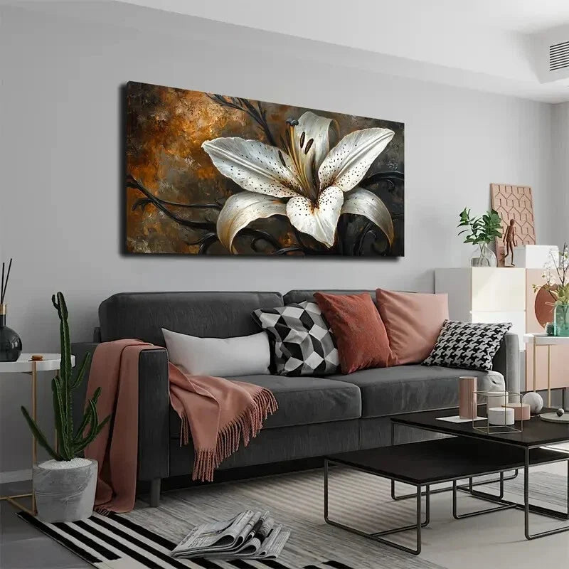 One Lily Flower Petals Dark Wall Art Canvas Office Home Room Framed 120x60cm