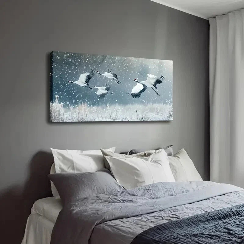Majestic Cranes Soaringc Snowy Wall Art Canvas Office Home Room Framed 120x60cm