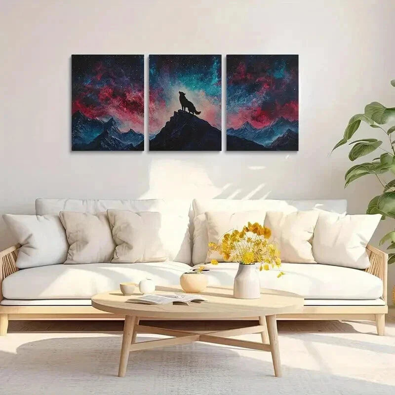 3pcs Majestic Wolf Howling at Starry Sky Wall Art Set Canvas Framed 40x60cm - High Quality Print 100% Australian Made Wall Canvas Ready to Hang