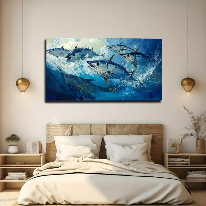 Dynamic Fish School In Blue Wav Wall Art Canvas Office Home Room Framed 120x60cm