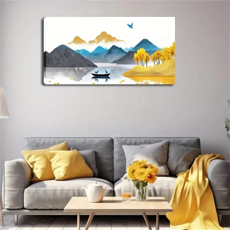 Golden Tree And Grass Boat Wall Art Canvas Office Home Room Framed 120x60cm