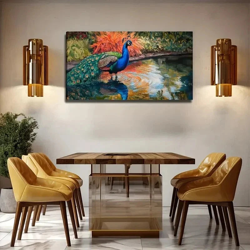 The Water Delicate Peacock Wall Art Canvas Office Home Room Framed 80x45cm