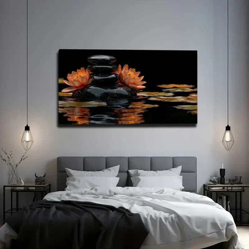 Stacked Black Stones & Blooming Wall Art Canvas Office Home Room Framed 120x60cm