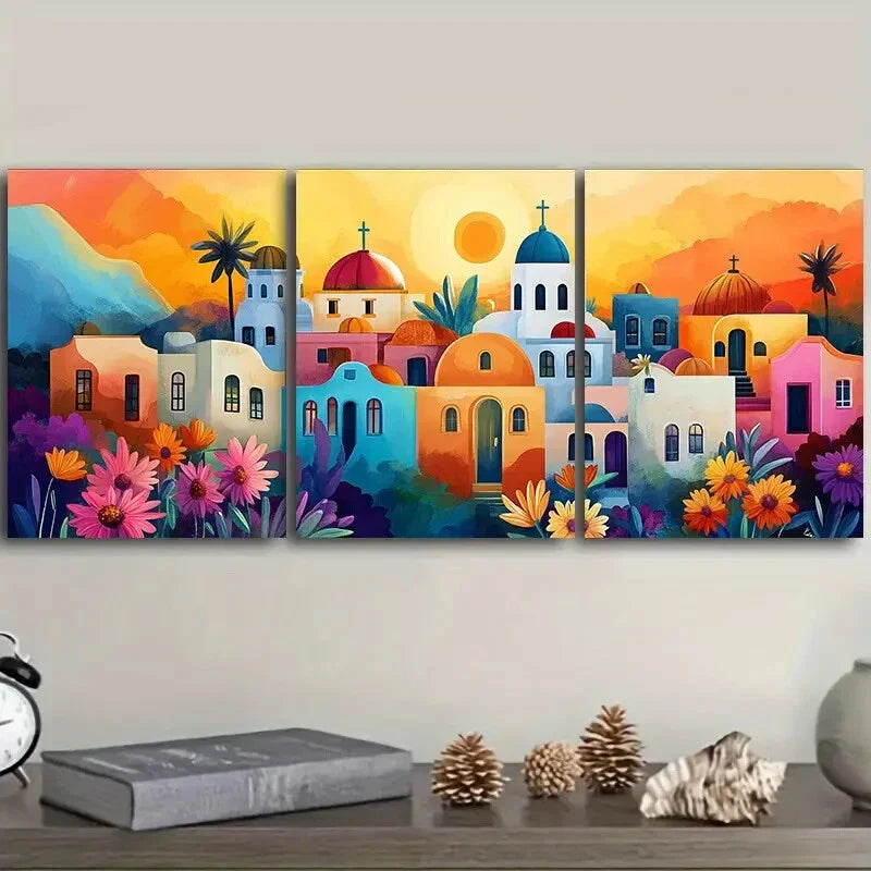 3pcs s Greek island style town Wall Art Set Canvas Framed 40x60cm - High Quality Print 100% Australian Made Wall Canvas Ready to Hang