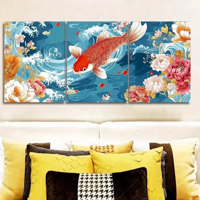 3pcs wo Red and White Carp, Luxurious Metal Print Ready to Hang Art