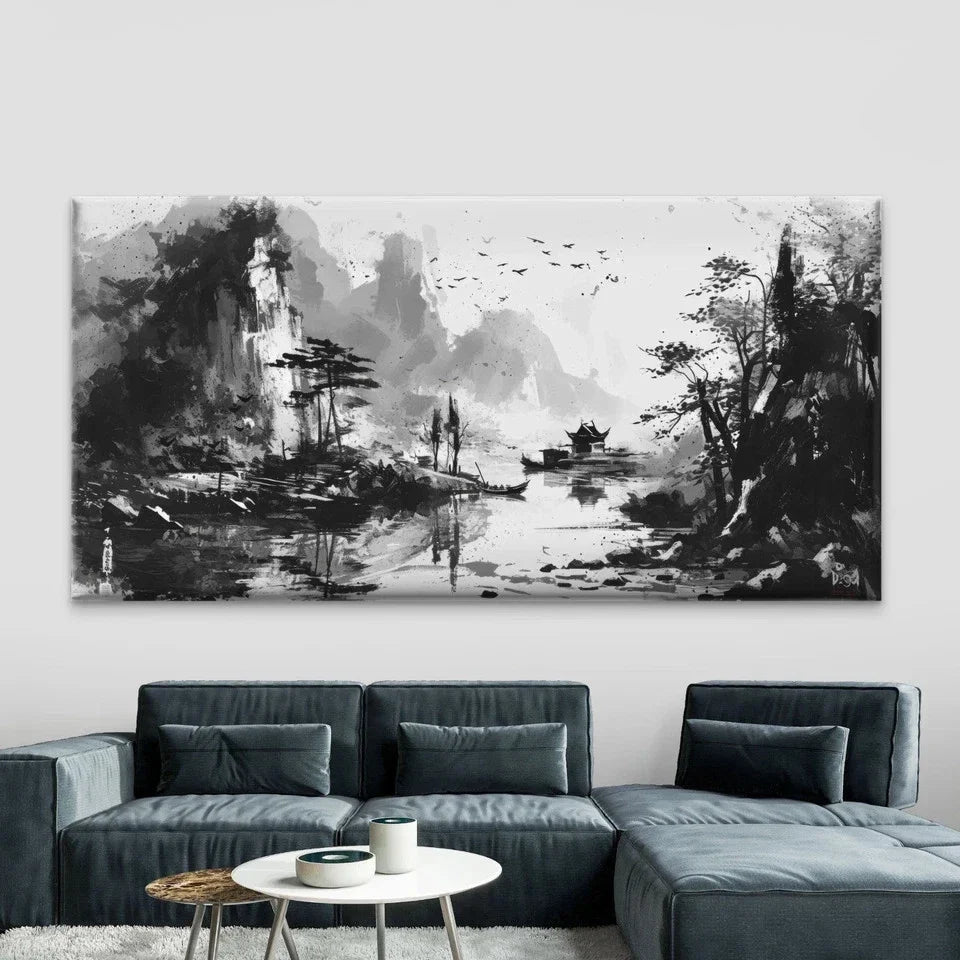 Chinese Ink Wash Style Landscap Wall Art Canvas Office Home Room Framed 120x60cm