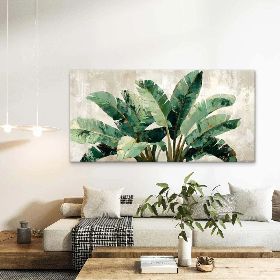 Monstera Leaf Green & Golden Wall Art Canvas Office Home Room Framed 120x60cm