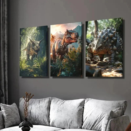 3pcs Dinosaurs in the Jungle Painting Wall Art Set Canvas Framed 40x60cm - High Quality Print 100% Australian Made Wall Canvas Ready to Hang