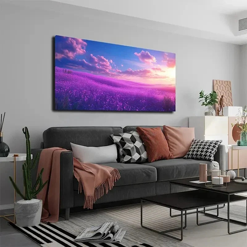 Vibrant Lavender Field Sunset Wall Art Canvas Office Home Room Framed 120x60cm