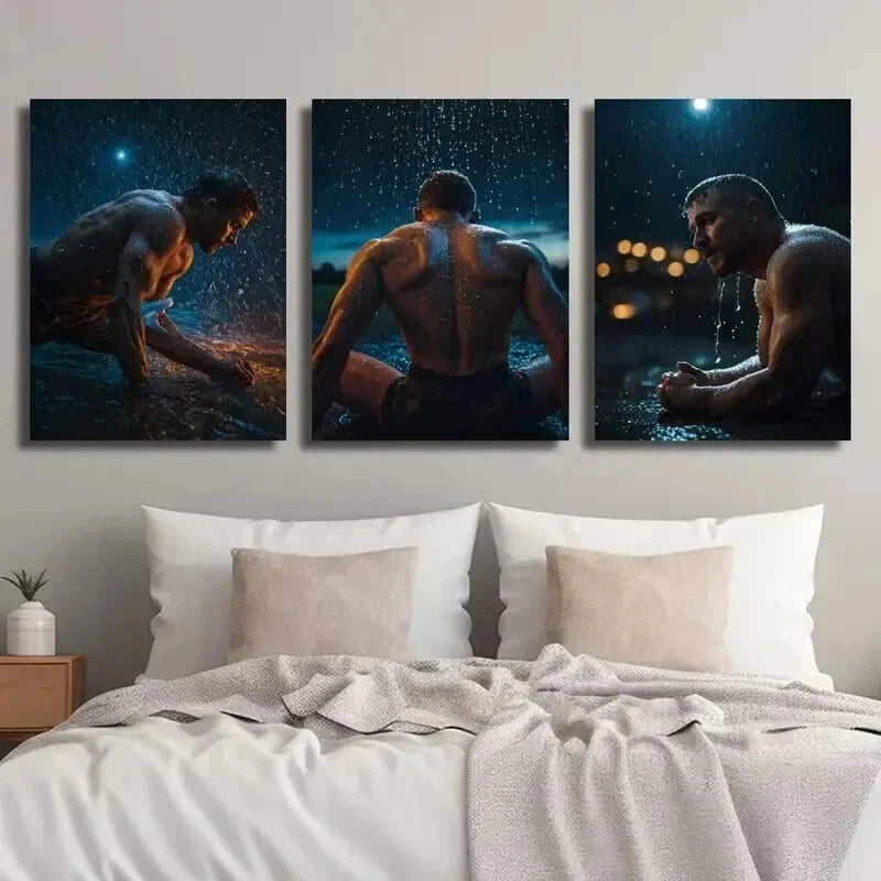 3pcs Gym & Home Rainy Night Athlete Training Wall Art Set Canvas Framed 40x60cm - High Quality Print 100% Australian Made Wall Canvas Ready to Hang