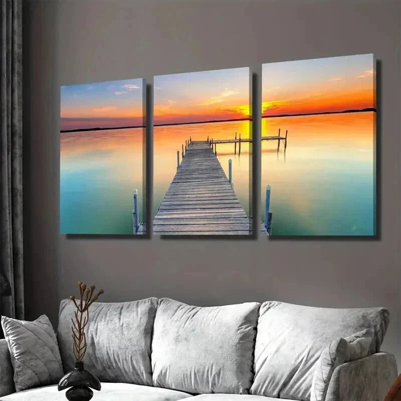 3pcs Serene Lake & Pier Scenes Landscape Wall Art Set Canvas Framed 40x60cm - High Quality Print 100% Australian Made Wall Canvas Ready to Hang
