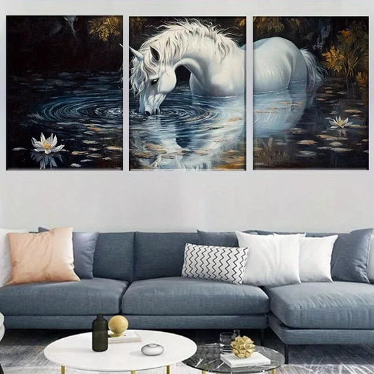 3pcs Mystical Fantasy White Unicorn in Water  Wall Art Set Canvas Framed 40x60cm - High Quality Print 100% Australian Made Wall Canvas Ready to Hang