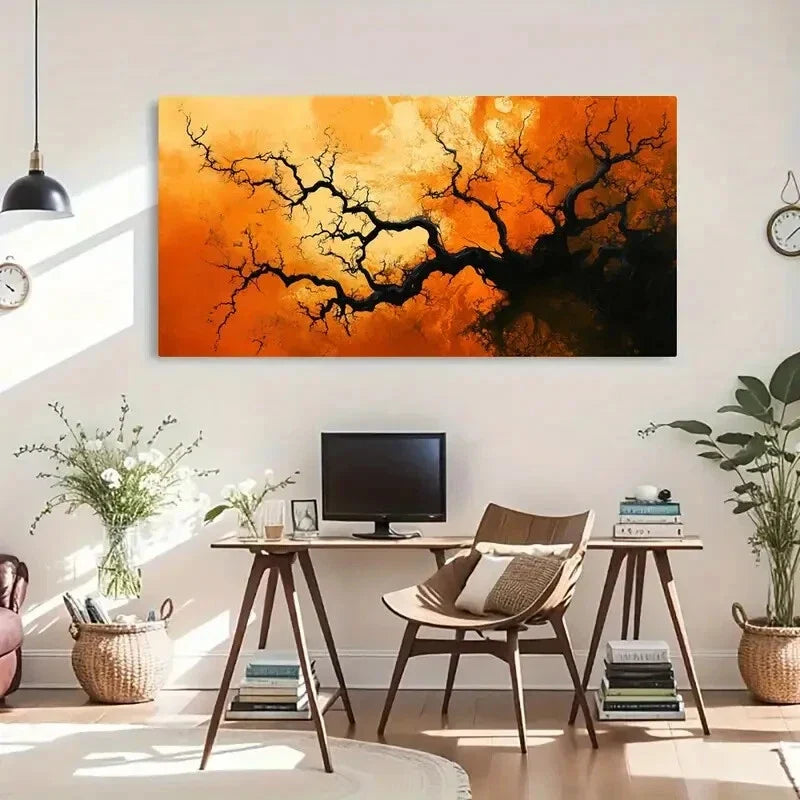 Fiery Orange Black Tree Design Wall Art Canvas Office Home Room Framed 120x60cm
