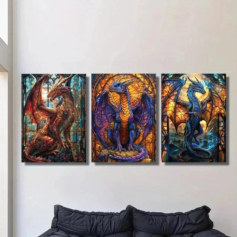3pcs Vibrant Majestic Dragon Paintings Wall Art Set Canvas Framed 40x60cm - High Quality Print 100% Australian Made Wall Canvas Ready to Hang