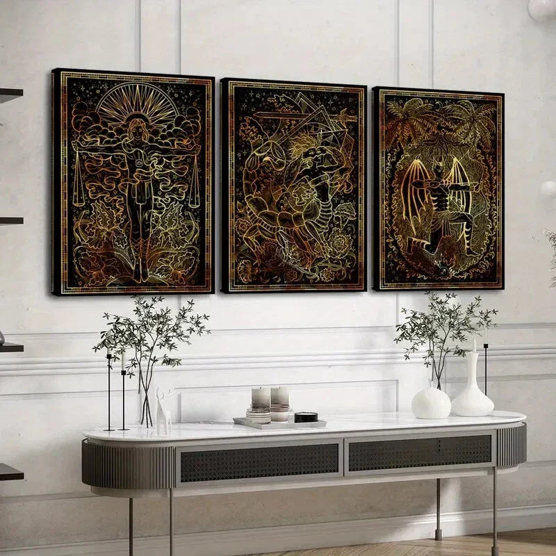 3pcs Vintage European Retro Twelve Zodiac Signs Wall Art Set Canvas Framed 40x60cm - High Quality Print 100% Australian Made Wall Canvas Ready to Hang