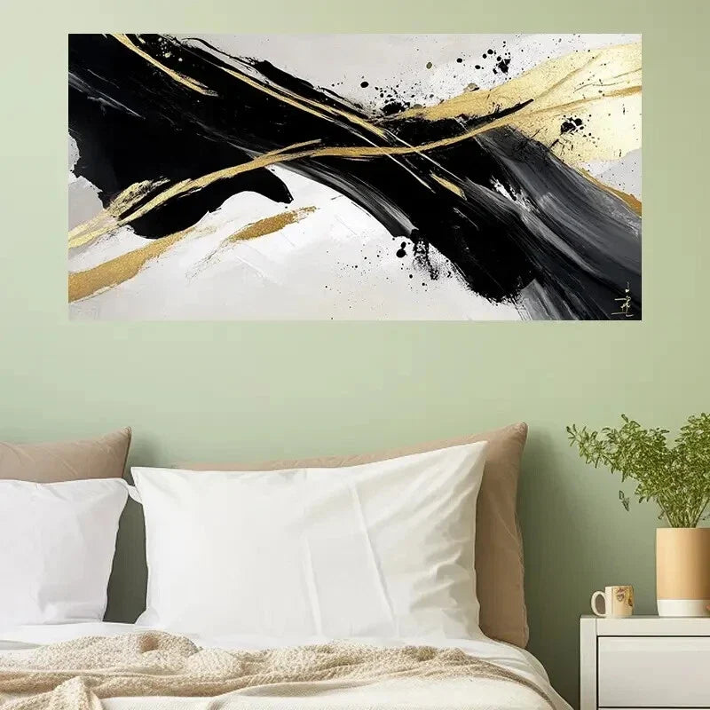 Abstract Black White Gold Décor Wall Art Canvas Office Home Room Framed 120x60cm