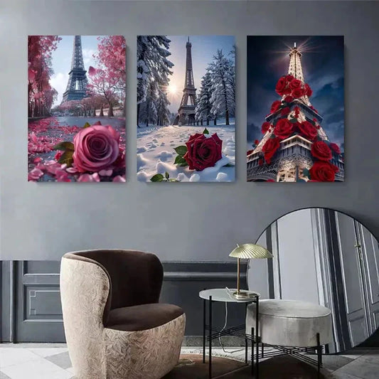 3pcs Romantic Paris Landscape with Roses, Seasona Metal Print Ready to Hang Art