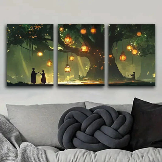 3pcs Lanterns & Old Tree Night Scene Perfect Wall Art Set Canvas Framed 40x60cm - High Quality Print 100% Australian Made Wall Canvas Ready to Hang