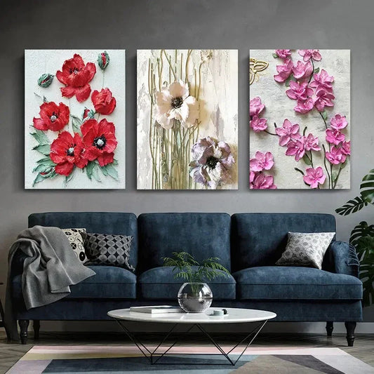 3pcs Colorful Flowers Red &amp; Rose Green Leaves Metal Print Ready to Hang Art