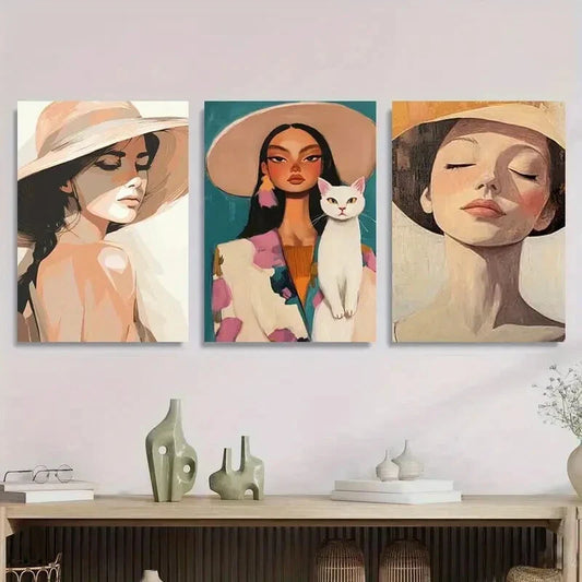 3pcs Modern Women with Hats & Cat, Chic Metal Print Ready to Hang Art