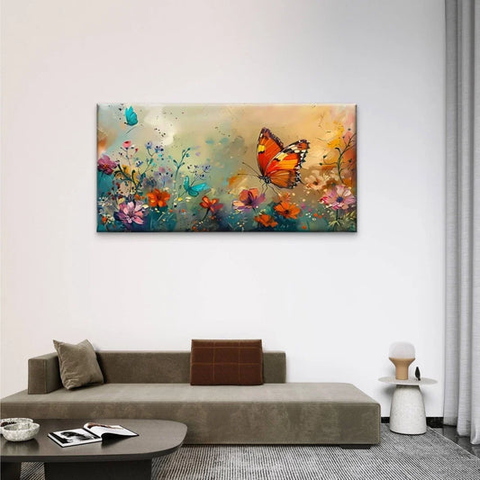 Vibrant Butterfly & Floral Wall Art Canvas Office Home Room Framed 80x45cm