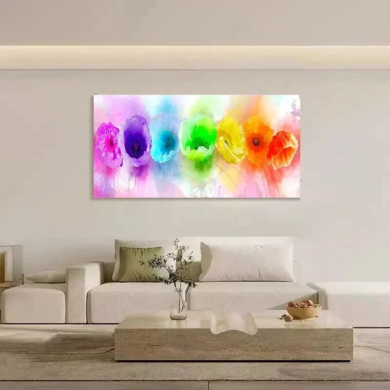 Vibrant Blossom Rainbow Poppies Wall Art Canvas Office Home Room Framed 120x60cm