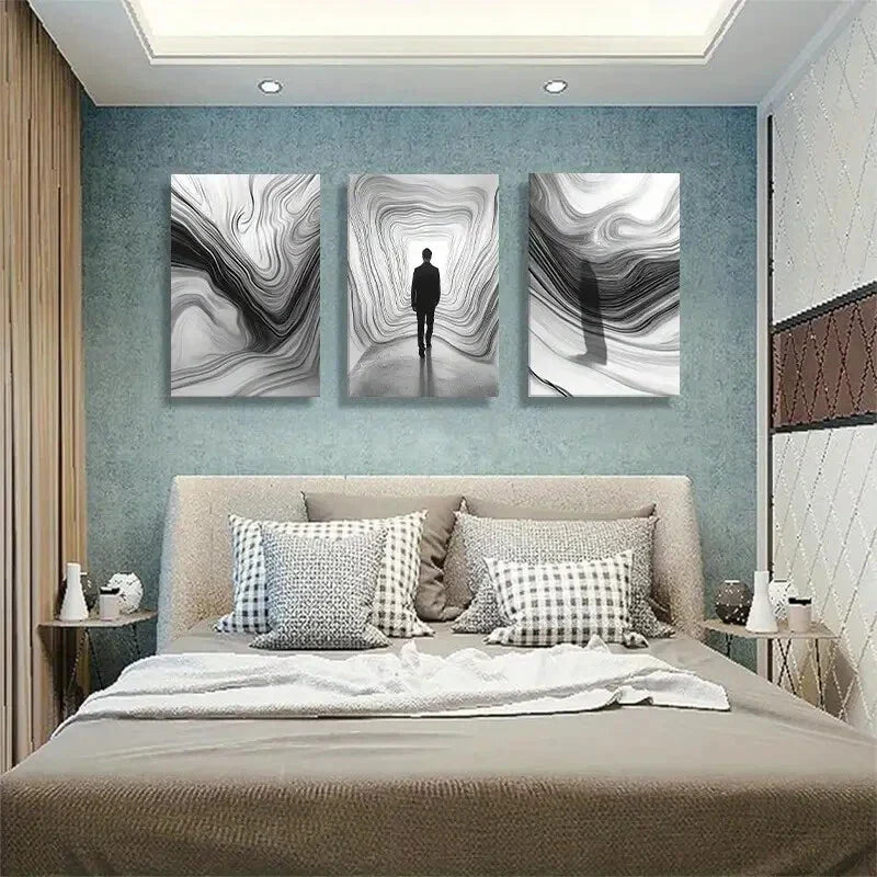3pcs Solitary Figure Pathway Black White Perfect Wall Art Set Canvas Framed 40x60cm - High Quality Print 100% Australian Made Wall Canvas Ready to Hang