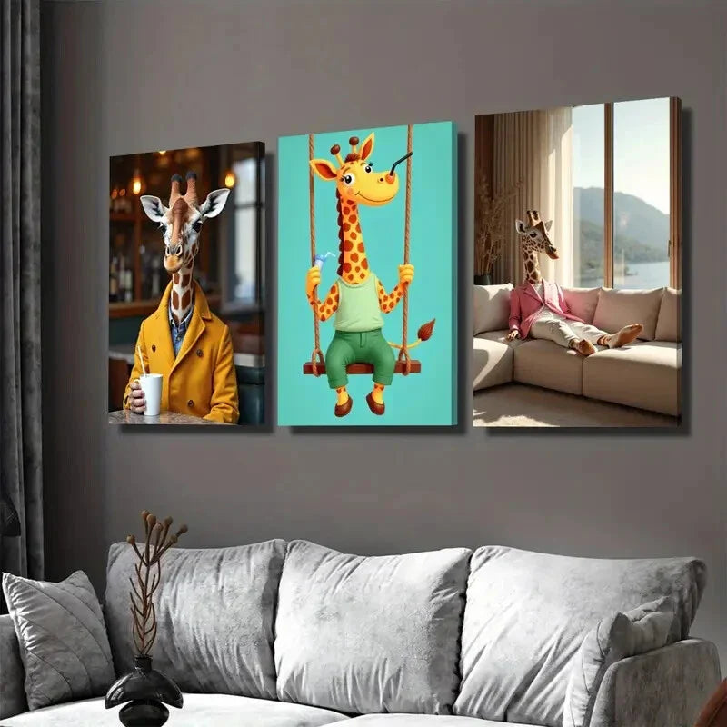 3pcs Colorful Giraffe Whimsical Modern Painting Wall Art Set Canvas Framed 40x60cm - High Quality Print 100% Australian Made Wall Canvas Ready to Hang
