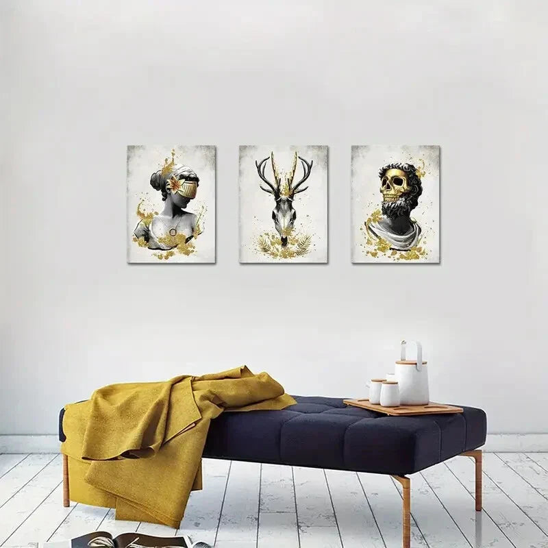 3pcs Black and White Deer Head, Woman Metal Print Ready to Hang Art