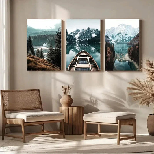 3pcs Modern Scandinavian Forest Lake Metal Print Ready to Hang Art