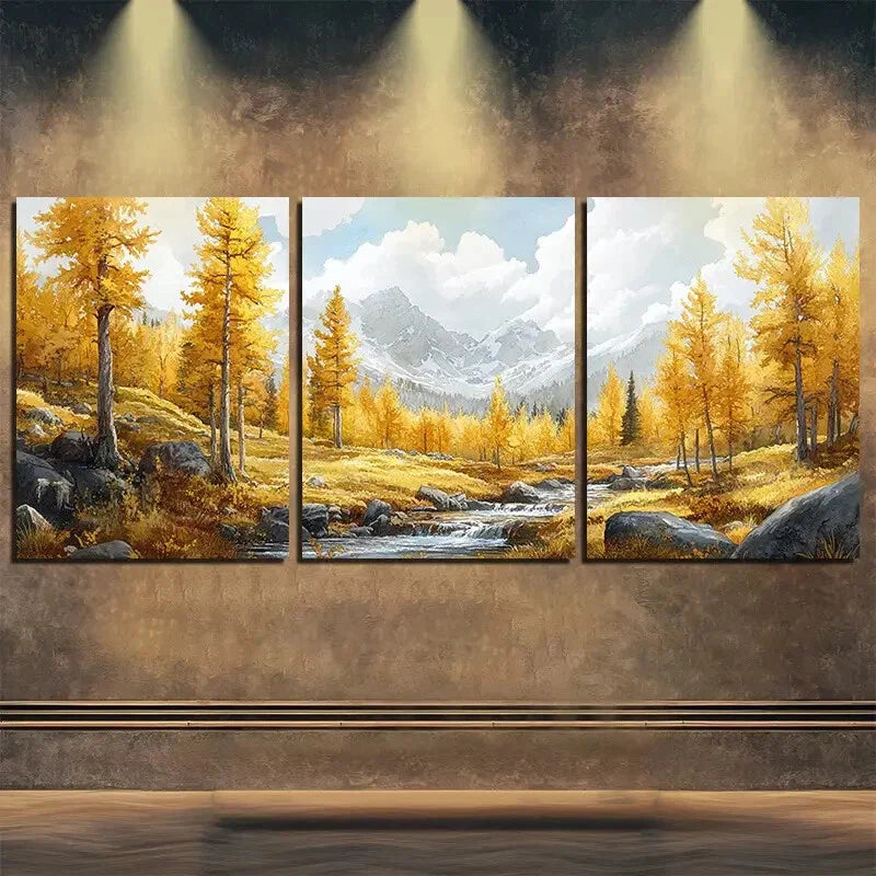 3pcs Mountain River Landscape Golden Perfect Wall Art Set Canvas Framed 40x60cm - High Quality Print 100% Australian Made Wall Canvas Ready to Hang