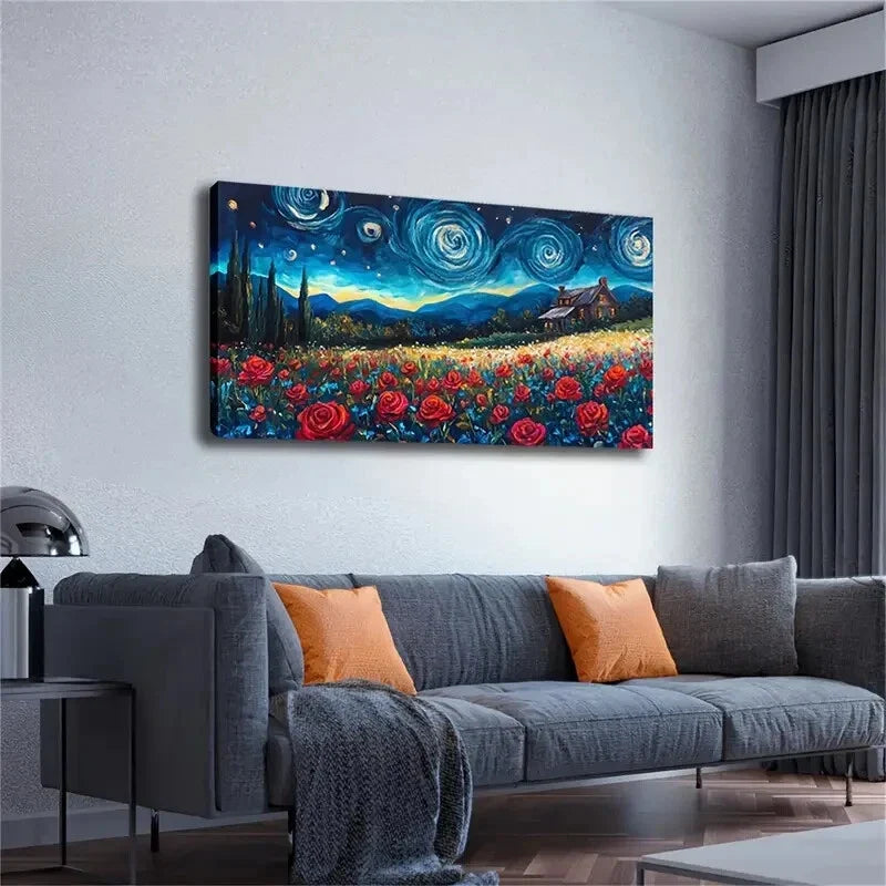Vibrant Red Rose Field Starry Wall Art Canvas Office Home Room Framed 120x60cm