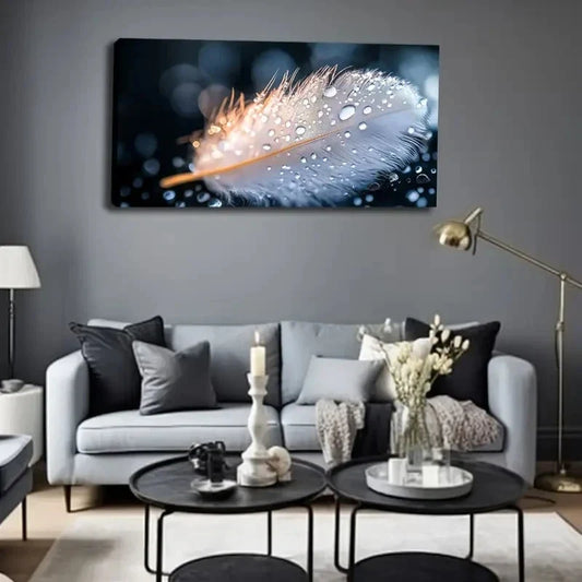 Close-Up Feather With Sparkling Wall Art Canvas Office Home Room Framed 120x60cm