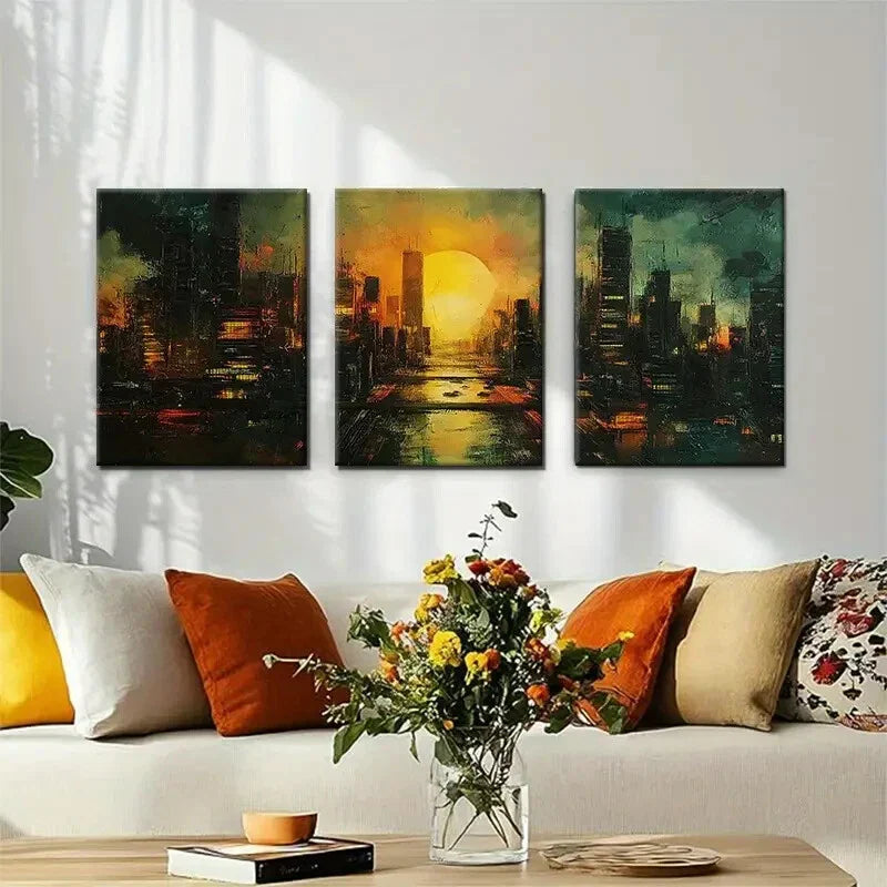 3pcs Modern Skyline with City Lights Perfect Wall Art Set Canvas Framed 40x60cm - High Quality Print 100% Australian Made Wall Canvas Ready to Hang