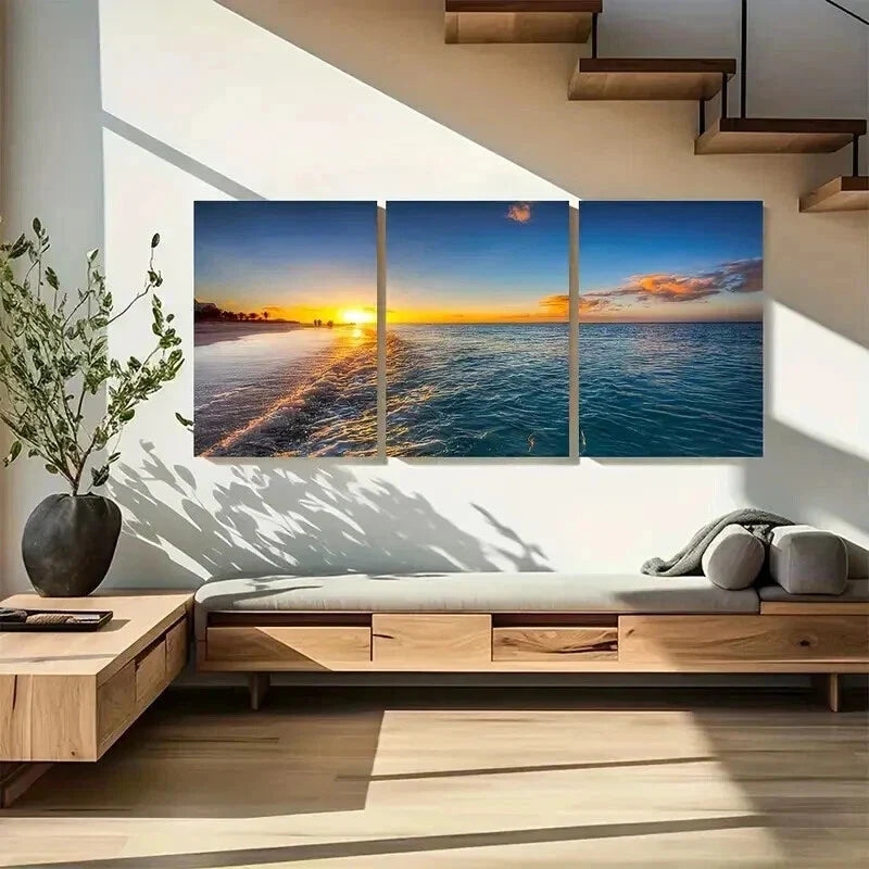 3pcs Beach with Yellow and Blue Skies Wall Art Set Canvas Framed 40x60cm - High Quality Print 100% Australian Made Wall Canvas Ready to Hang