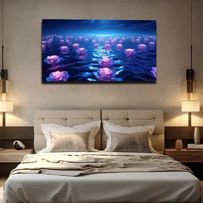 Dreamy Sea Of Flowers Pink & Wall Art Canvas Office Home Room Framed 120x60cm